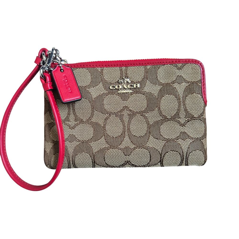 NWOT Coach Signature Corner Zip Wristlet Khaki Canvas Red Leather Trim Small